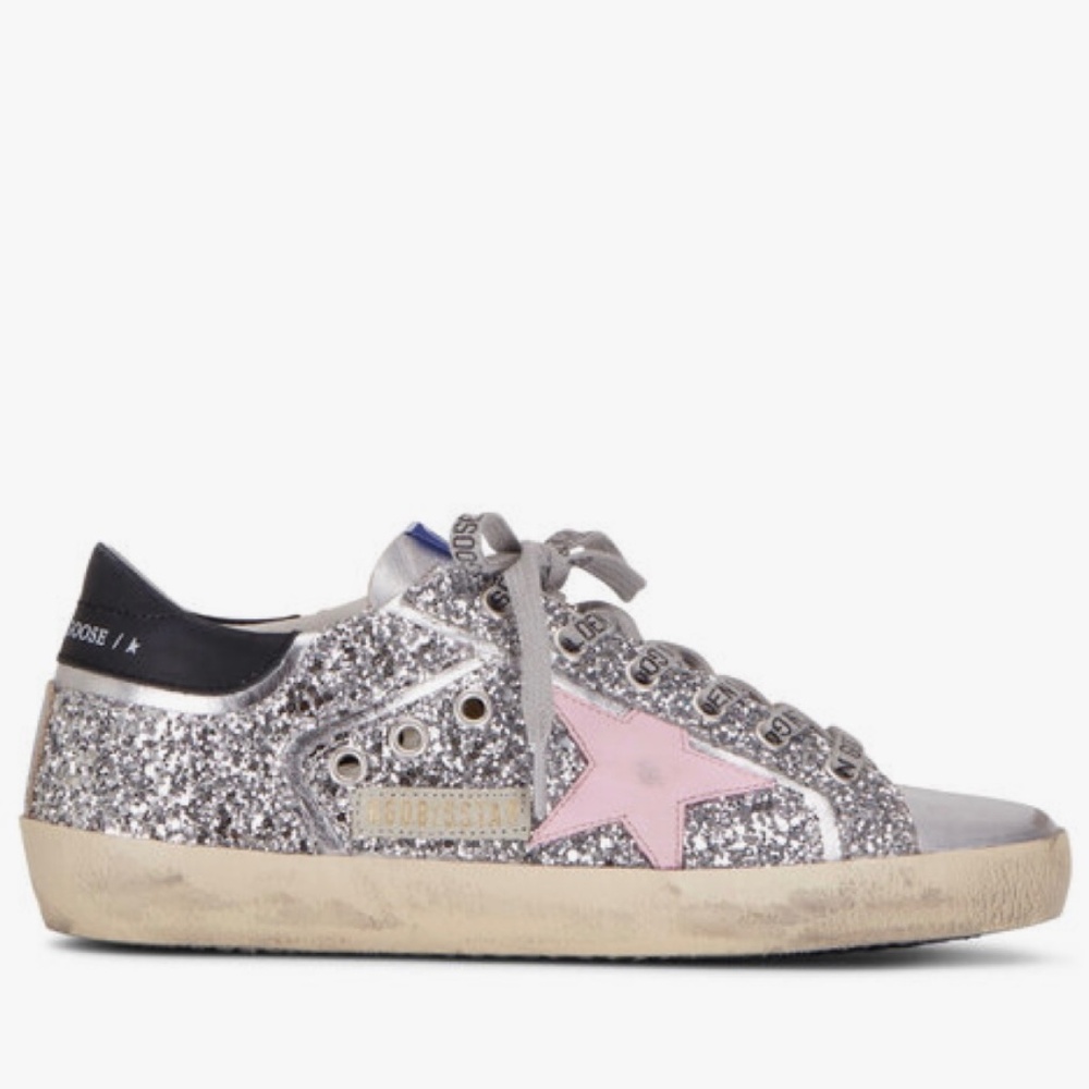 Golden Goose 39 silver glitter super star like new sneakers pink star box